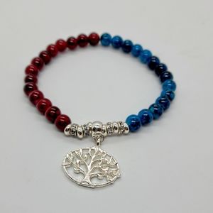 Moroon and Blue Tree of Life Charm Rhinestone Stretch Bracelet, Tree of Life